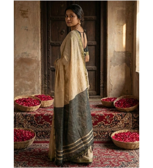 Women's Cotton Printed Saree With Unstitched Blouse 5.5Mtr (Beige)