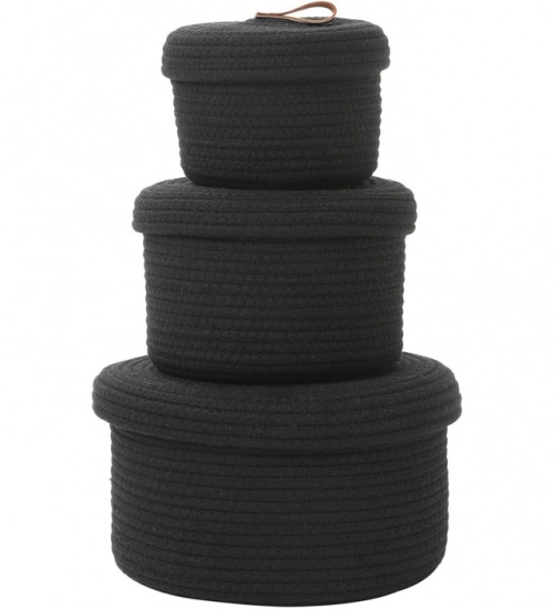 Cotton 3 Pcs Set Roti Box Storage Basket With Lid (Black)