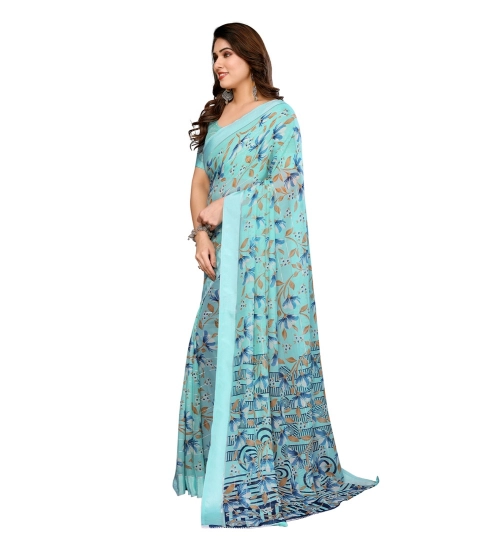 Women's Georgette Printed Saree With Unstitched Blouse 5.5Mtr (Blue)