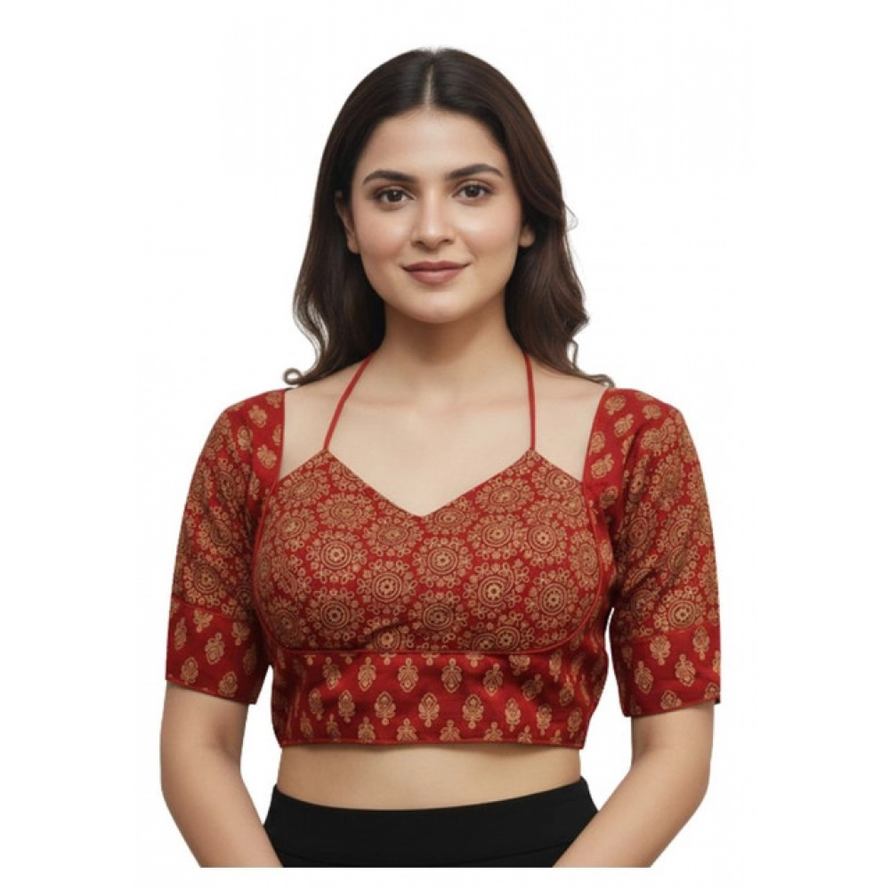 Women's Ajrakh Cotton Printed Sweetheart Padded Blouse (Red 38 Ready (Self Alterable 36–40)
