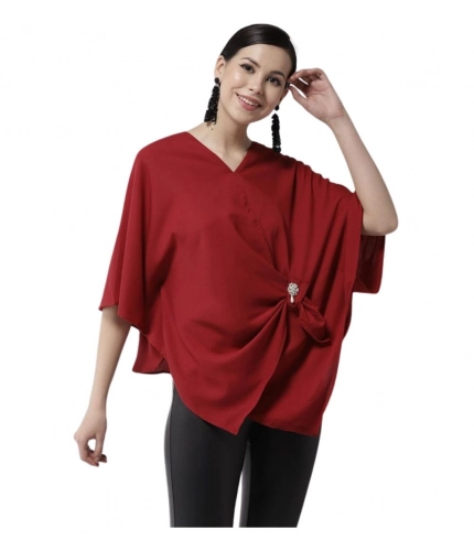 Women's Polyester Solid Cape Sleeve Top (Red)