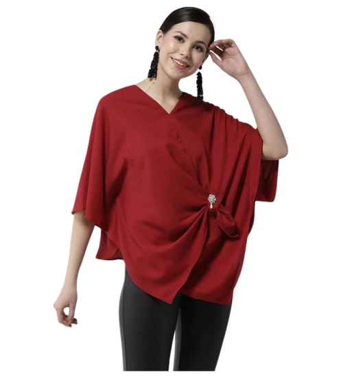 Women's Polyester Solid Cape Sleeve Top (Red)