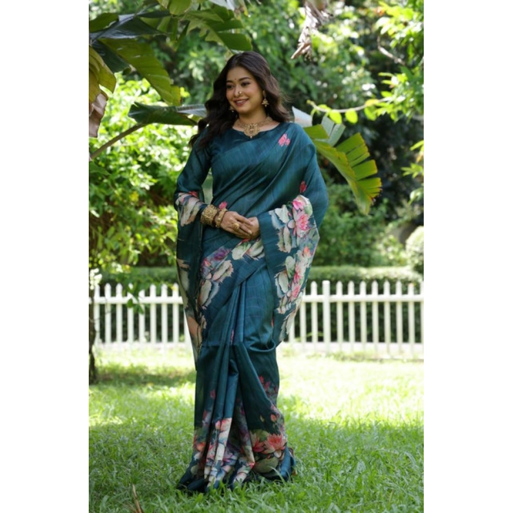 Women's Faux_Tussar Floral Saree With Unstitched Blouse 5.5Mtr (Teal) Women's Faux_Tussar Floral Saree With Unstitched Blouse 5.5Mtr (Teal)