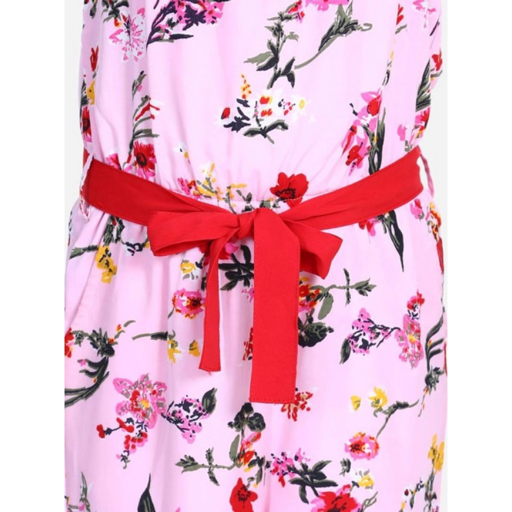 Girl's Polyester Crepe Floral Shoulder Straps Jumpsuit (Pink-Red)
