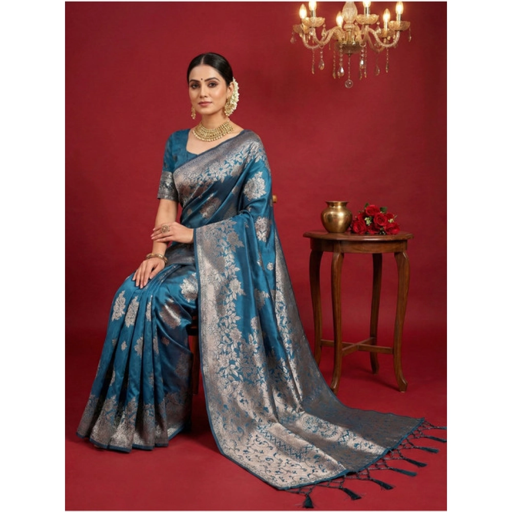 Women's Silk Blend Printed Saree With Unstitched Blouse 5.5Mtr (Teal Blue) Women's Silk Blend Printed Saree With Unstitched Blouse 5.5Mtr (Teal Blue)