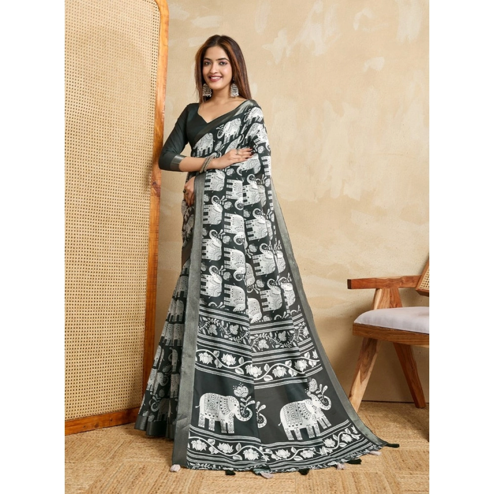Women's Silk Blend Printed Saree With Unstitched Blouse 5.5Mtr (Green) Women's Silk Blend Printed Saree With Unstitched Blouse 5.5Mtr (Green)