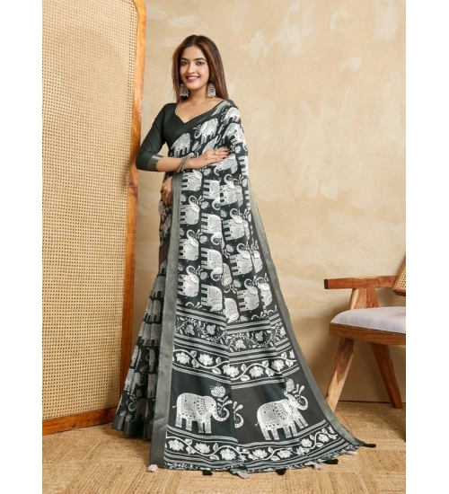 Women's Silk Blend Printed Saree With Unstitched Blouse 5.5Mtr (Green)