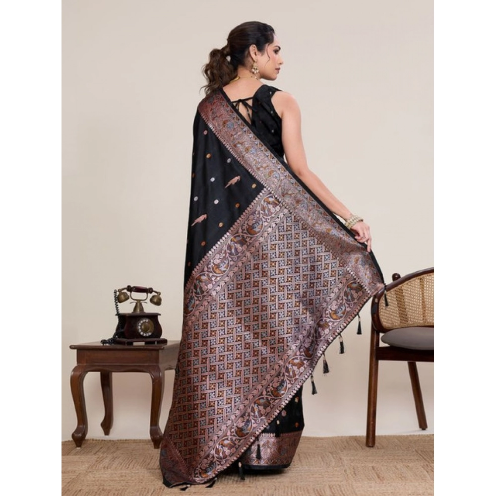 Women's Jacquard Woven Saree With Unstitched Blouse 5.5Mtr (Black)