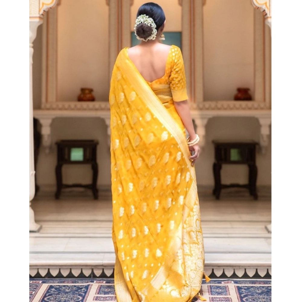 Women's Soft Lichi Silk Printed Saree With Unstitched Blouse 5.5Mtr (Yellow)