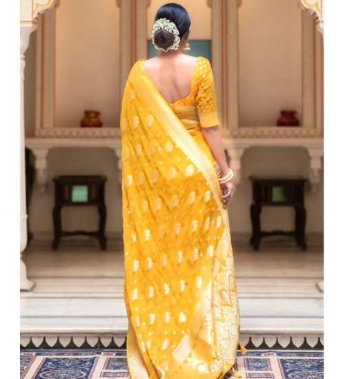 Women's Soft Lichi Silk Printed Saree With Unstitched Blouse 5.5Mtr (Yellow)