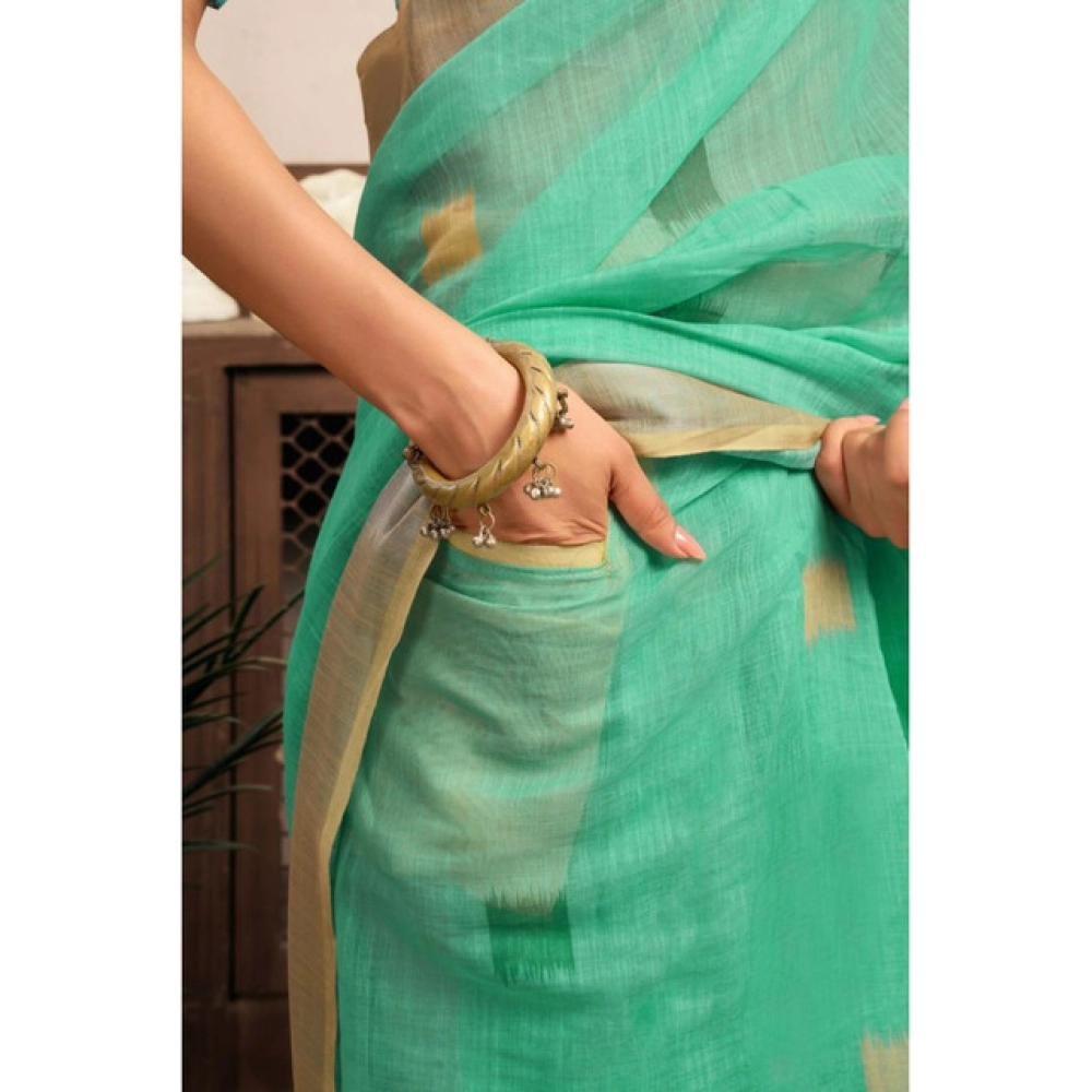 Women's Linen Cotton Printed Ready To Wear With Pocket Saree With Unstitched Blouse 5.5 Mtr (Light_Green)