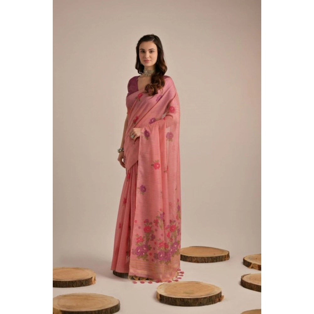 Women's Blended_Cotton Floral Motifs And Woven Buttas Saree With Unstitched Blouse 5.5Mtr (Pink)
