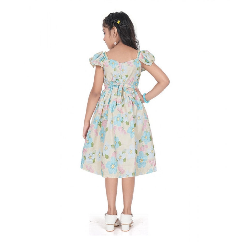 Girl's Popcorn Printed Short Sleeve Squre Neck Dress (Sky Blue)