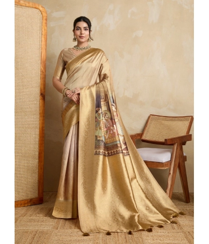 Women's Silk Printed Saree With Unstitched Blouse 5.5Mtr (Gold)