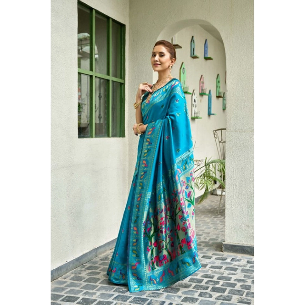 Women's Silk Blend Woven Saree With Unstitched Blouse 5.5 Mtr (Turquoise) Women's Silk Blend Woven Saree With Unstitched Blouse 5.5 Mtr (Turquoise)