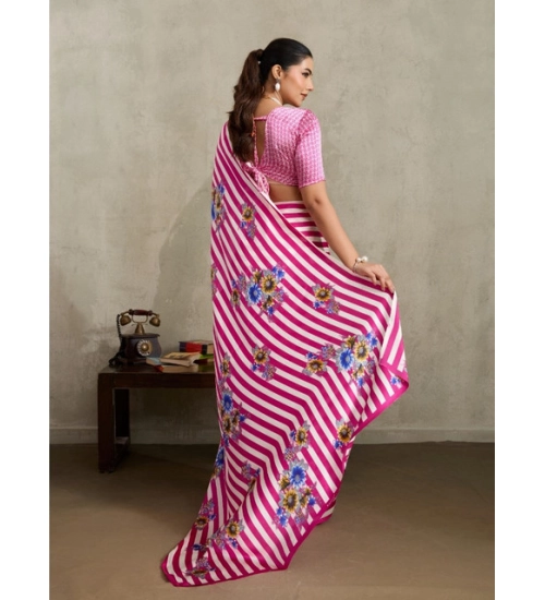 Women's Satin Crepe Printed Saree With Unstitched Blouse 5.5Mtr (Pink)