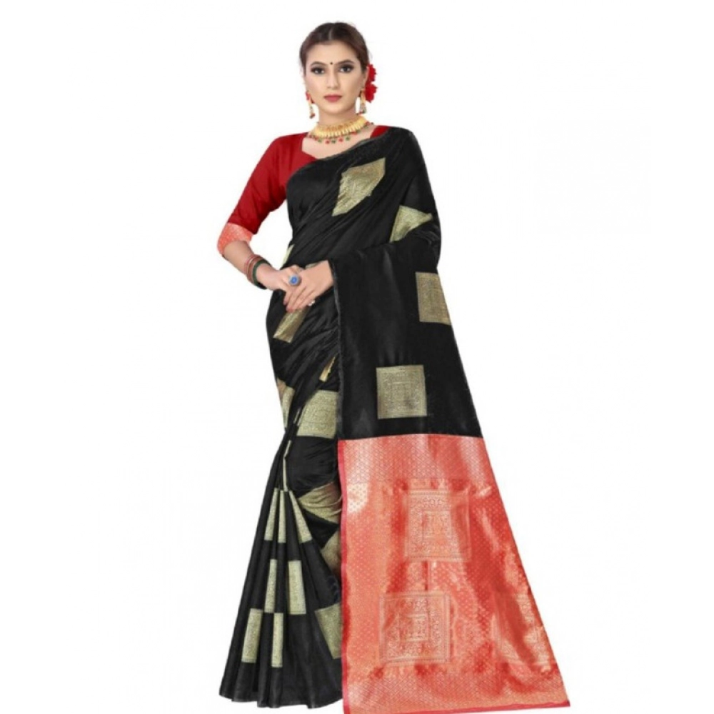 Women's Soft Lichi Silk Printed Saree With Unstitched Blouse 5.5Mtr (Black)