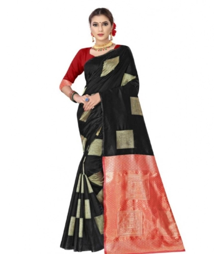 Women's Soft Lichi Silk Printed Saree With Unstitched Blouse 5.5Mtr (Black)