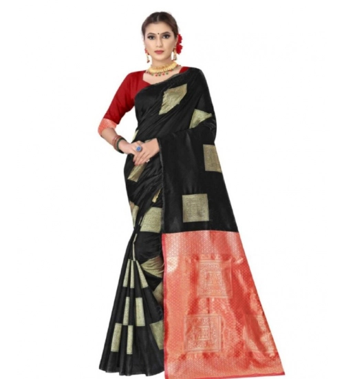 Women's Soft Lichi Silk Printed Saree With Unstitched Blouse 5.5Mtr (Black)