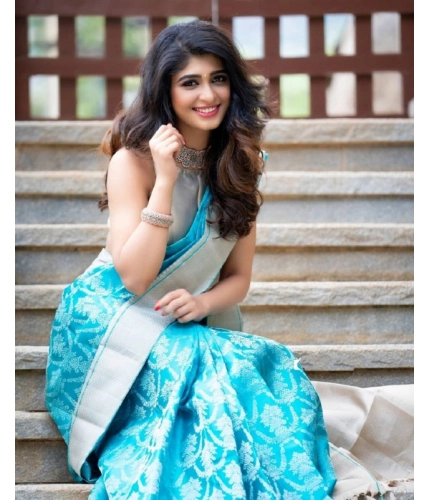 Women's Soft Lichi Silk Printed Saree With Unstitched Blouse 5.5Mtr (Sky-Blue) Women's Soft Lichi Silk Printed Saree With Unstitched Blouse 5.5Mtr (Sky-Blue)