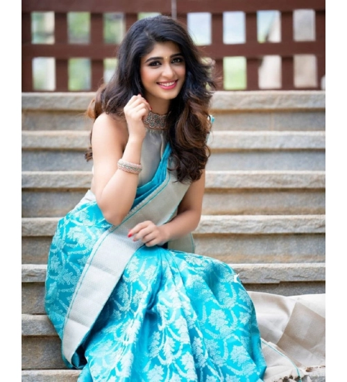 Women's Soft Lichi Silk Printed Saree With Unstitched Blouse 5.5Mtr (Sky-Blue)