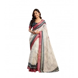 Women's Linen Cotton Printed Ready To Wear Saree With Unstitched Blouse 5.5 Mtr (Off_White)