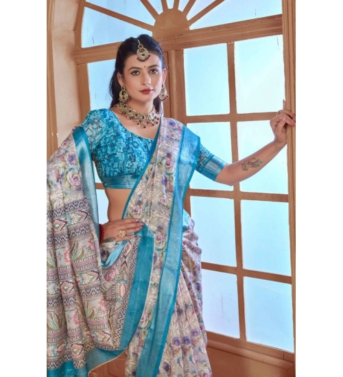 Women's Printed Cotton Linen Saree withPrinted  Saree With Unstitched Blouse (Rust  , 5-6Mtrs)