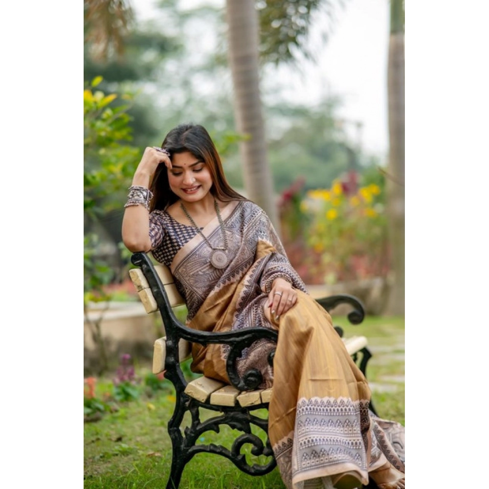 Women's Faux_Tussar Geometric_Print Saree With Unstitched Blouse 5.5Mtr (Mustard) Women's Faux_Tussar Geometric_Print Saree With Unstitched Blouse 5.5Mtr (Mustard)