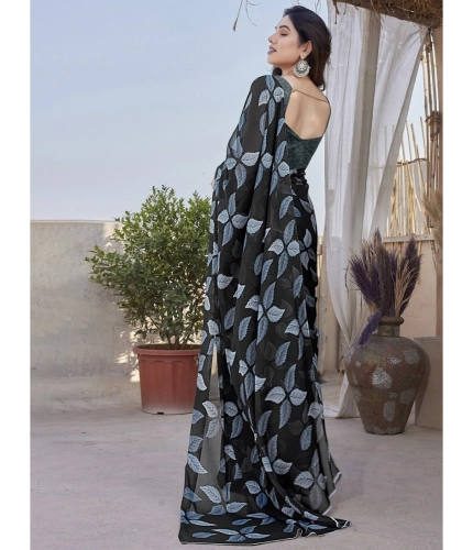 Women's Chiffon Printed Saree With Unstitched Blouse 5.5Mtr (Black) Women's Chiffon Printed Saree With Unstitched Blouse 5.5Mtr (Black)
