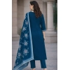 Women's Chanderi Silk Ethnic Motif V-Neck 3/4th Sleeve Kurti With Pant Dupatta Set (Teal)