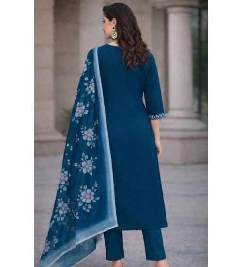 Women's Chanderi Silk Ethnic Motif V-Neck 3/4th Sleeve Kurti With Pant Dupatta Set (Teal) Women's Chanderi Silk Ethnic Motif V-Neck 3/4th Sleeve Kurti With Pant Dupatta Set (Teal)