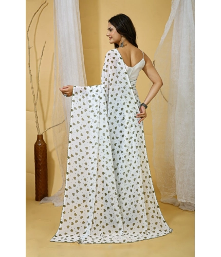Women's Georgette Printed Saree With Unstitched Blouse 5.5Mtr (White-Grey)