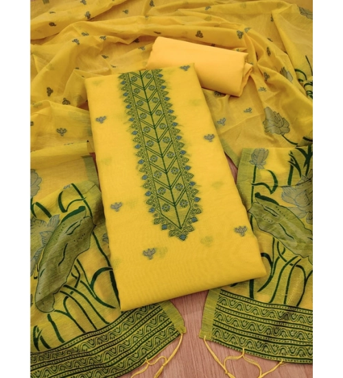 Women's Banarasi Silk Printed Unstitched Salwar Suit Material With Dupatta (Yellow, 3Mtrs)