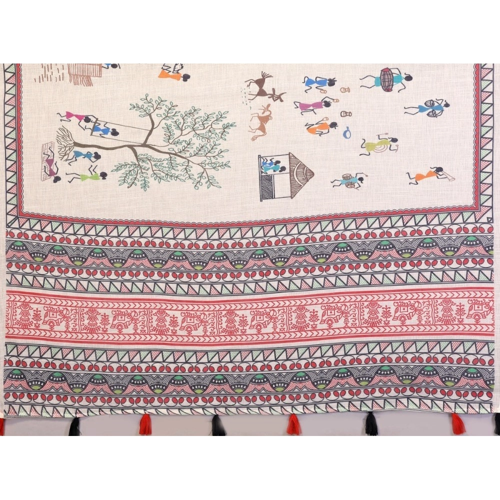 Women's Linen Cotton Printed Saree With Unstitched Blouse 5.5Mtr (Off White)
