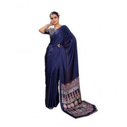 Women's Satin Crepe Printed Saree With Unstitched Blouse 5.5Mtr (Navy Blue)