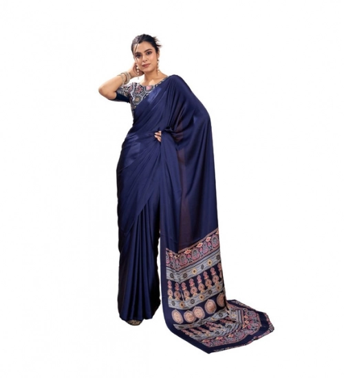 Women's Satin Crepe Printed Saree With Unstitched Blouse 5.5Mtr (Navy Blue)