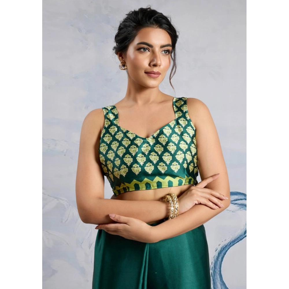 Women's Satin Crepe Printed Saree With Unstitched Blouse 5.5Mtr (Green)