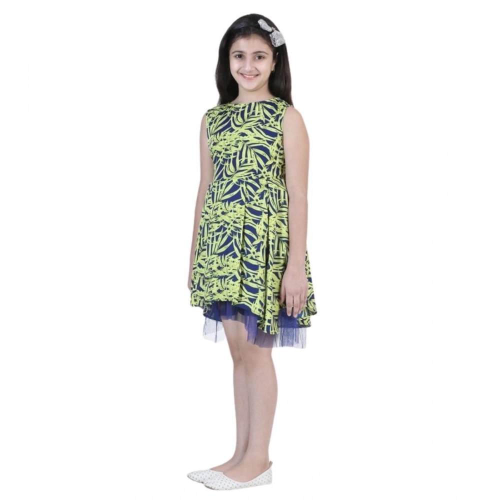 Girl's Polyester Crepe & Net Printed Sleeveless Dress (Yellow-Blue) Girl's Polyester Crepe & Net Printed Sleeveless Dress (Yellow-Blue)