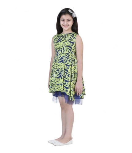 Girl's Polyester Crepe &amp; Net Printed Sleeveless Dress (Yellow-Blue)
