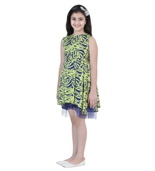 Girl's Polyester Crepe &amp; Net Printed Sleeveless Dress (Yellow-Blue)