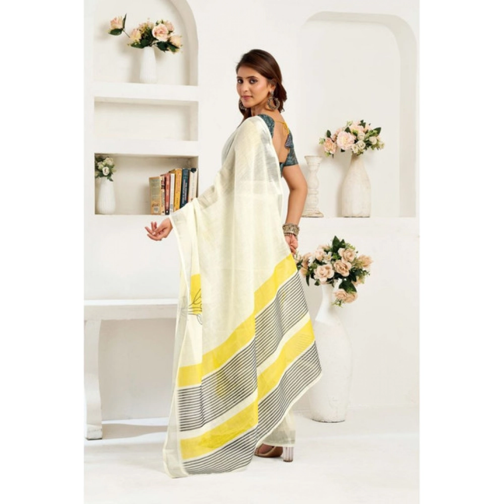 Women's Linen Cotton Printed Ready To Wear Saree With Unstitched Blouse 5.5 Mtr (Off_White)