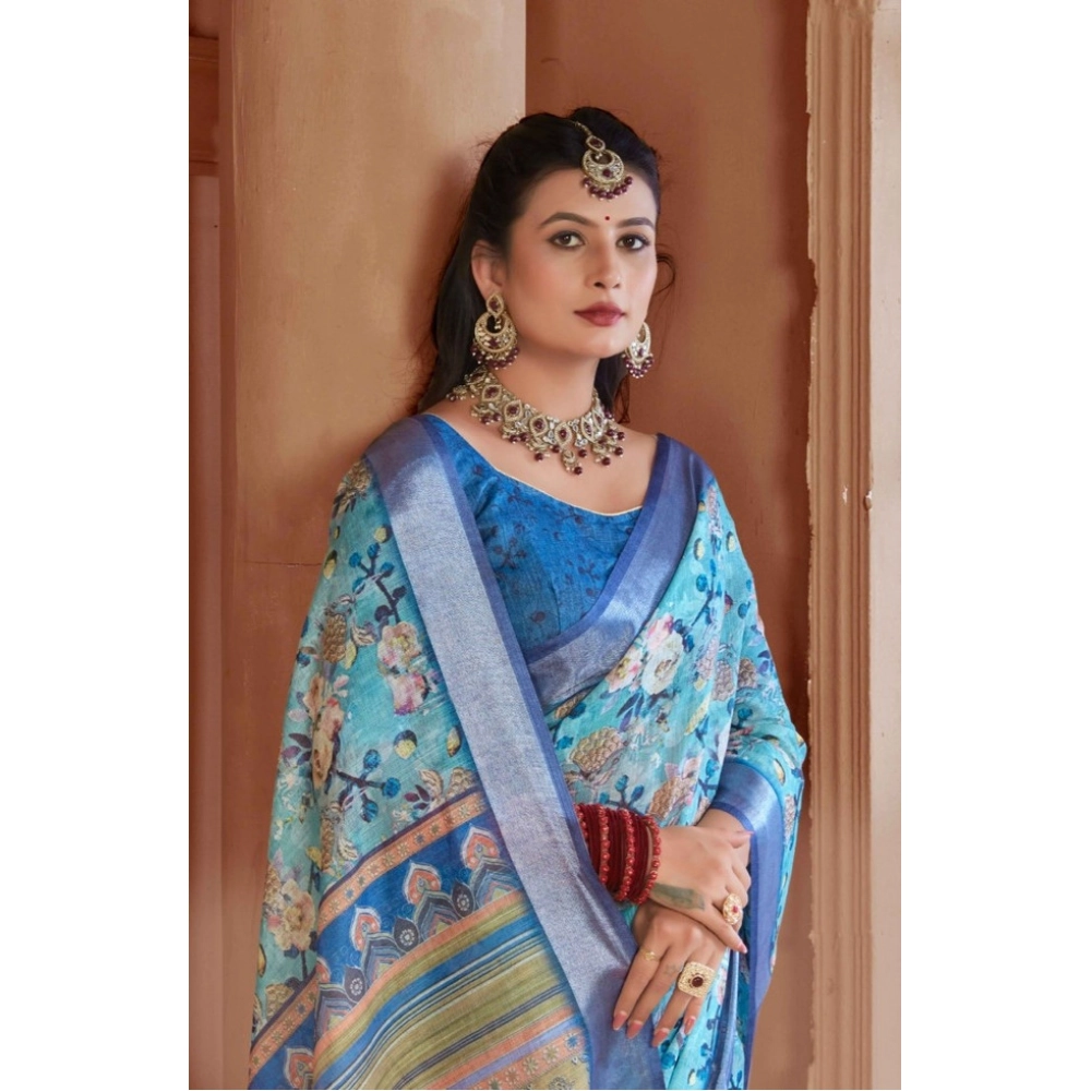 Women's Printed Cotton Linen Saree withPrinted  Saree With Unstitched Blouse (Light Blue, 5-6Mtrs)