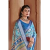 Dropship Women's Printed Cotton Linen Saree withPrinted  Saree With Unstitched Blouse (Light Blue, 5-6Mtrs)