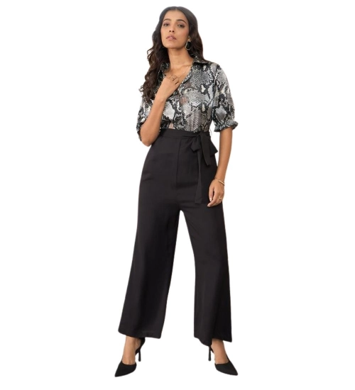 Women's Satin And Polyester Floral Half Sleeves Jumpsuit (Grey - Black)