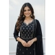 Women's Georgette Ethnic Motif Round 3/4th Sleeve Kurti With Pant Dupatta Set (Black)