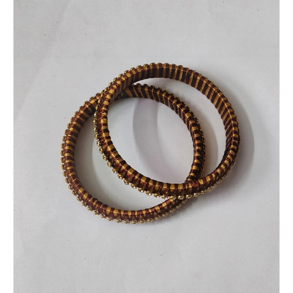 Women's Plastic Silk Thread Bangles (Gold-Dark Brown, Size: 2.6)