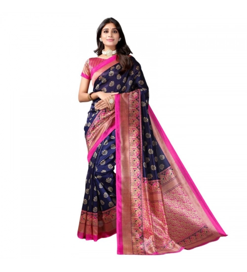 Women's Litchi silk Printed Saree With Unstitched Blouse  5-6 Mtrs (Navy Blue)