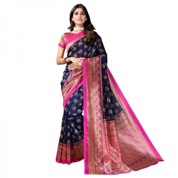 Dropship Women's Litchi silk Printed Saree With Unstitched Blouse  5-6 Mtrs (Navy Blue)