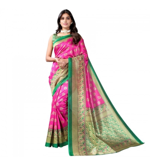 Women's Litchi silk Printed Saree With Unstitched Blouse  5-6 Mtrs (Pink)