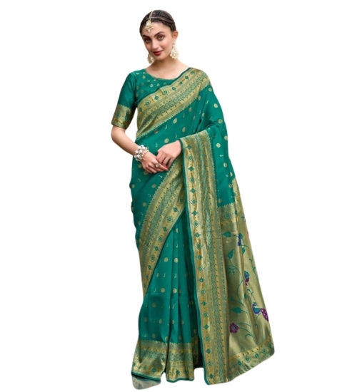 Women's Silk Blend Paithani Weaving Saree With Unstitched Blouse 5.5Mtr (Green)